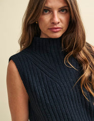 Black Funnel Neck Rib Oversized Knitted Vest