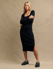 Black Square Neck Knitted Midi Dress
