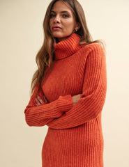 Orange Roll Neck Knitted Midi Dress