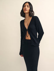 Black Mock-Crochet Tie Front Cardigan