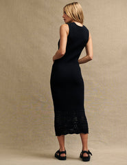 Black Mock-Crochet Chevron Racer Midi Dress