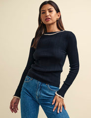 Black Wool-Blend Contrast Trim Ribbed Crew Neck Top
