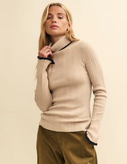Cream Wool-Blend Contrast Trim Ribbed Roll Neck Top