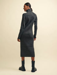 Charcoal Grey Roll Neck Knitted Midi Dress