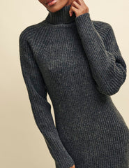 Charcoal Grey Roll Neck Knitted Midi Dress