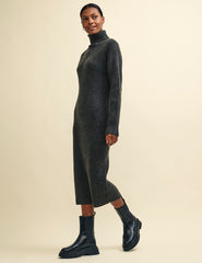 Charcoal Grey Roll Neck Knitted Midi Dress