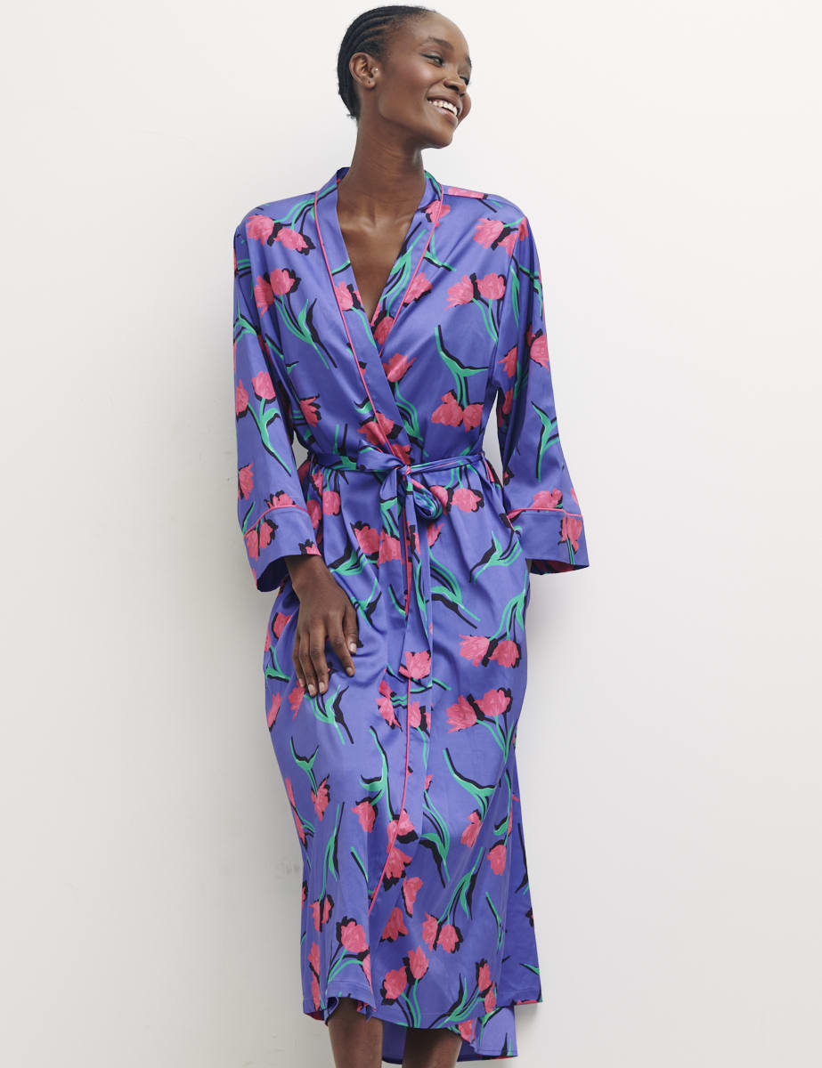 Purple Sahara Floral Long Sleeve Satin Robe