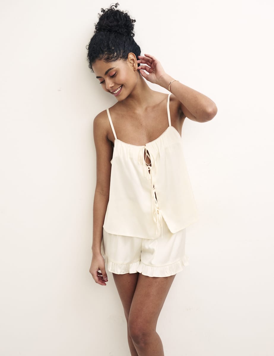 Cream Satin Tie Front Short Pyjama Set
