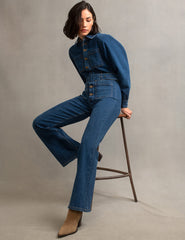 Blue Denim Balloon Sleeve Belted Olympia Jumpsuit