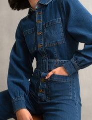 Blue Denim Balloon Sleeve Belted Olympia Jumpsuit