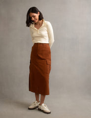 Brown Utility Cargo Midi Skirt