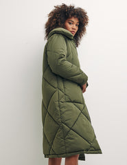Green Miranda Long Diamond Quilted Puffer Jacket