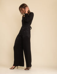 Black Satin Jacquard Balloon Sleeve Jumpsuit