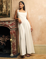 White Linen-blend Wide Leg Mika Jumpsuit