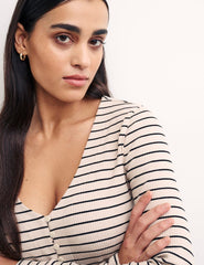 Cream Stripe Long Sleeve Button Through Top