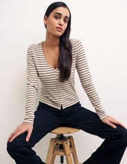 Cream Stripe Long Sleeve Button Through Top