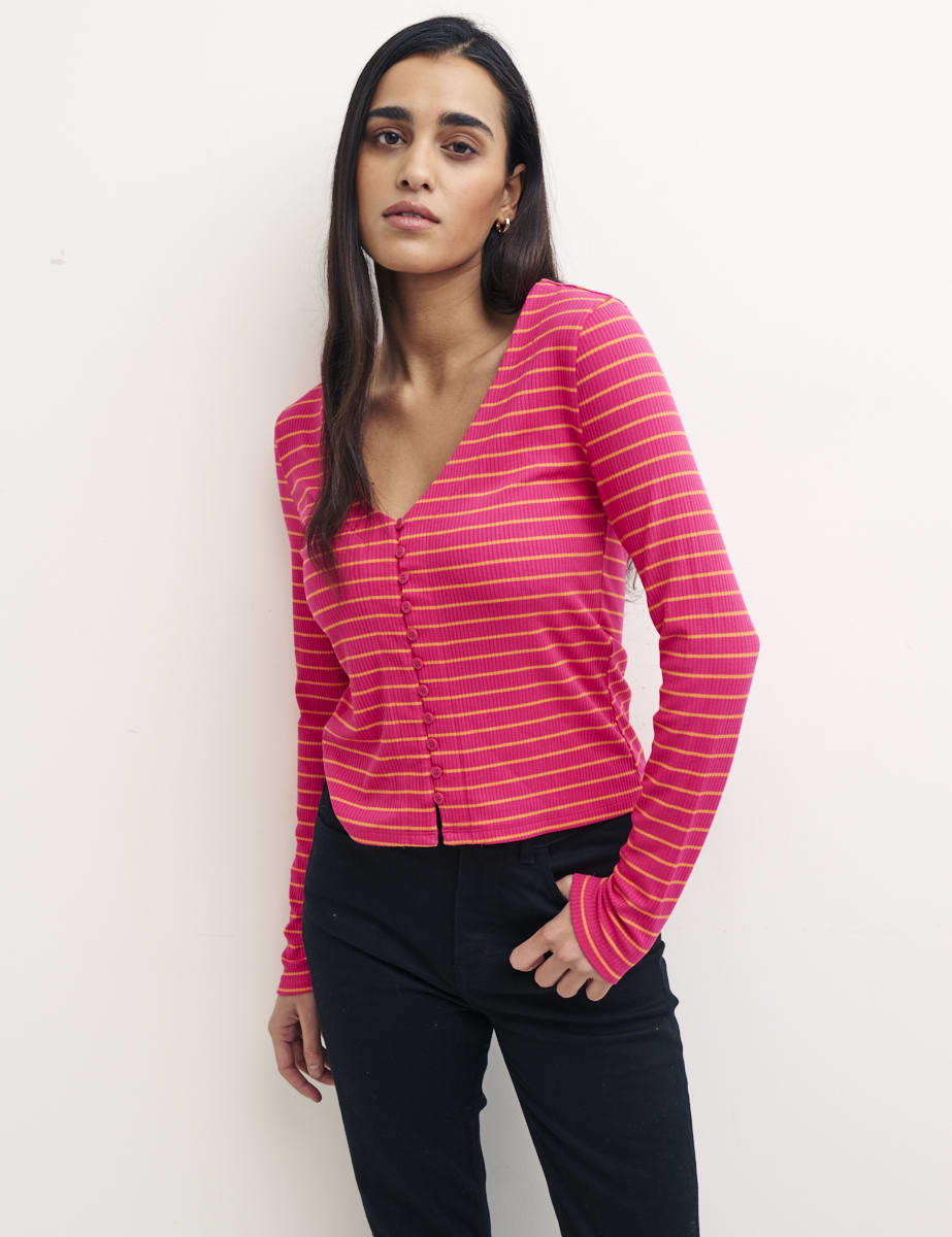 Pink Stripe Long Sleeve Button Through Top