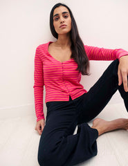 Pink Stripe Long Sleeve Button Through Top