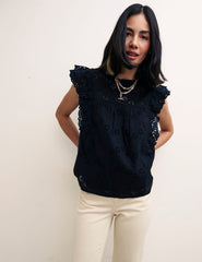 Black Broderie Frill Sleeve Una Top