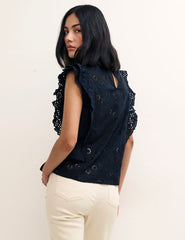 Black Broderie Frill Sleeve Una Top