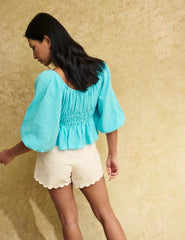 Blue Puff Sleeve Peplum Blouse