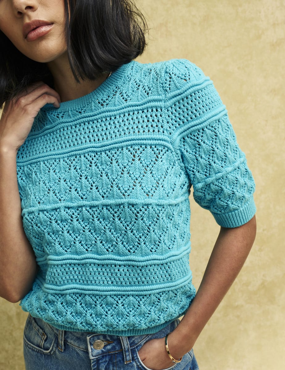 Blue Short Sleeve Crochet Jumper