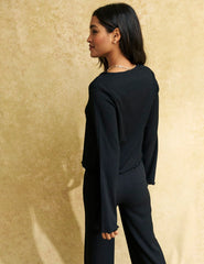 Black Tie Front Crinkle Top