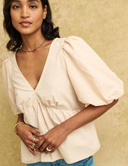 Beige V-Neck Puff Sleeve Vienna Blouse