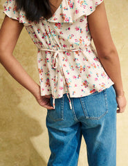 White Floral Flutter Sleeve Top