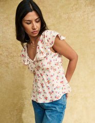 White Floral Flutter Sleeve Top