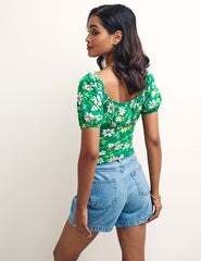 Green Floral Ruched Bodice Jersey Top