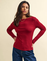 Dark Red Long Sleeve Slash Neck Top