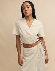 Cream Pinstripe Wrap Crop Top