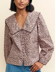 Pink Rose Print Peter Pan Collar Long Sleeve Blouse