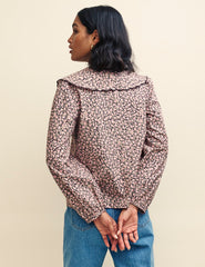 Pink Rose Print Peter Pan Collar Long Sleeve Blouse