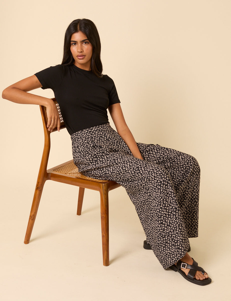 Black Ditsy Floral Wide Leg Zeena Trousers