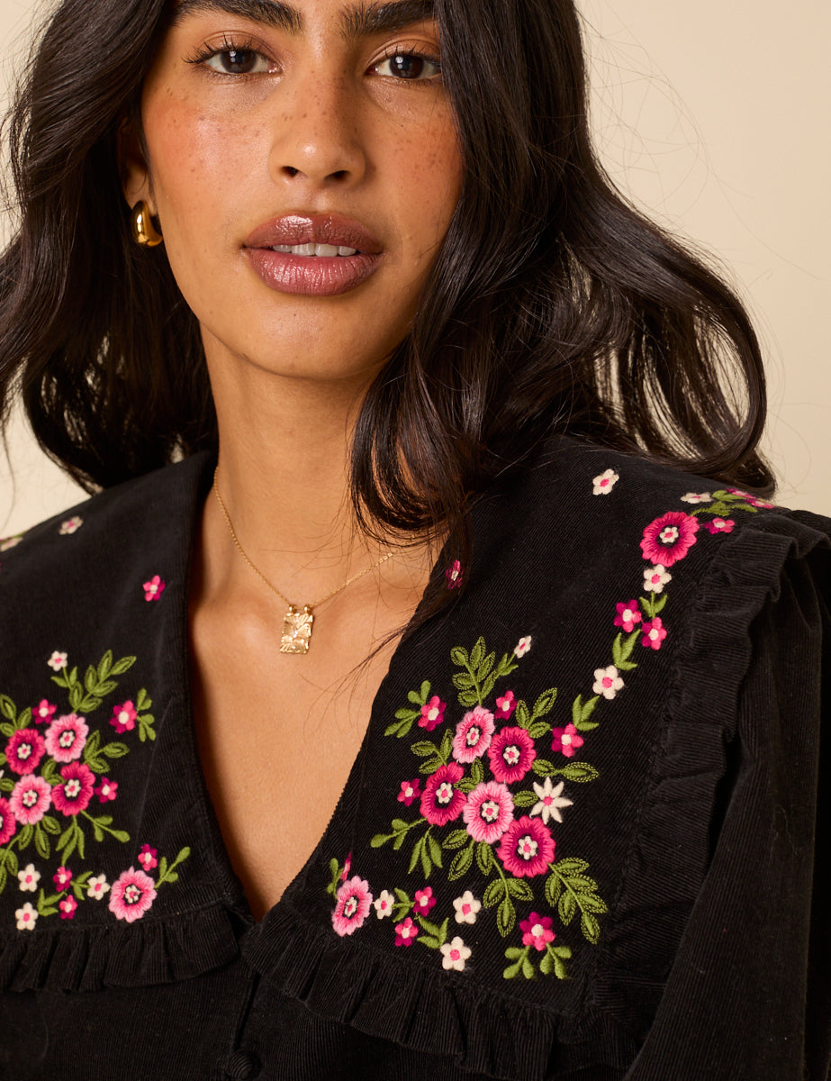 Black Cord Floral Embroidered Oversized Ruffle Collar Blouse