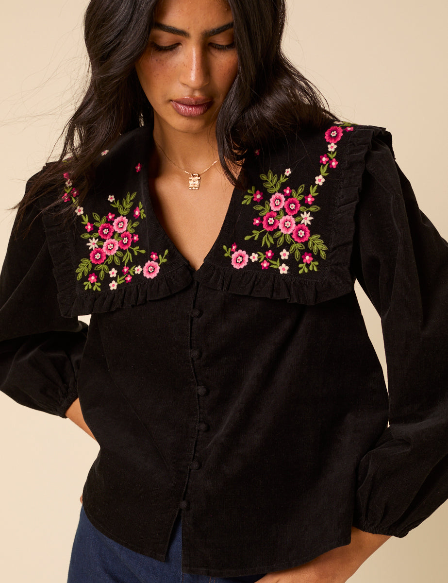 Black Cord Floral Embroidered Oversized Ruffle Collar Blouse