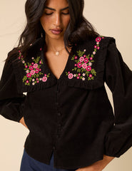 Black Cord Floral Embroidered Oversized Ruffle Collar Blouse