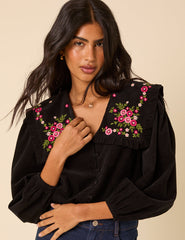 Black Cord Floral Embroidered Oversized Ruffle Collar Blouse