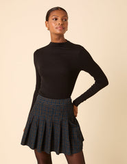 Navy Check Pleated Mini Skirt