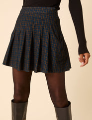 Navy Check Pleated Mini Skirt