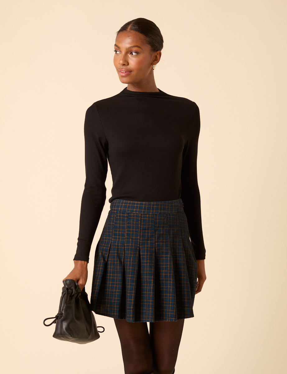 Navy Check Pleated Mini Skirt