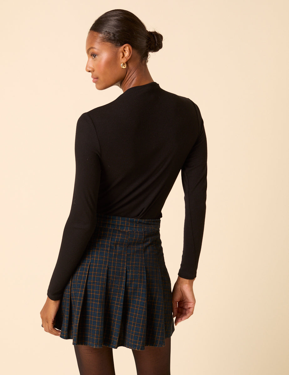 Navy Check Pleated Mini Skirt