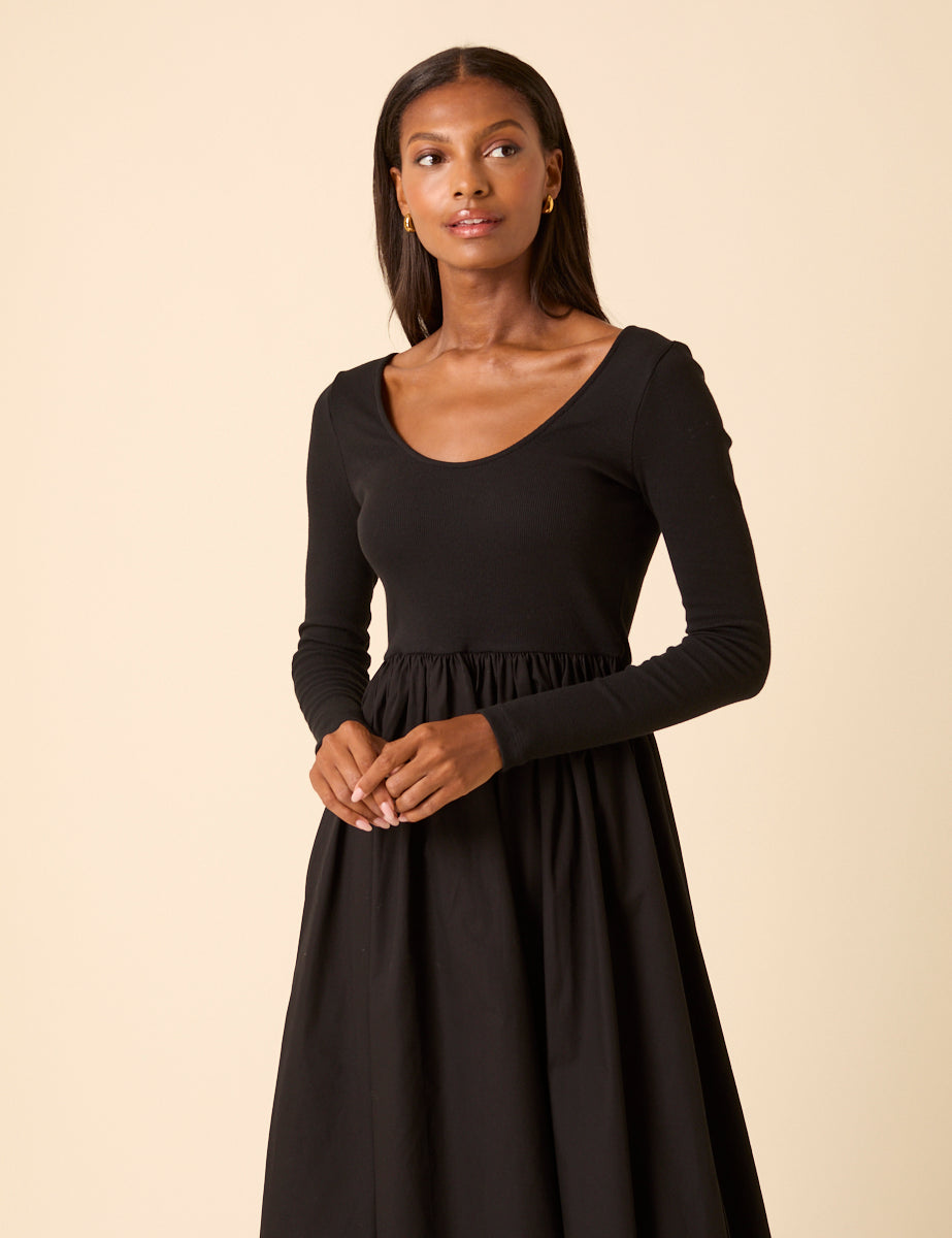Black Scoop Neck A-Line Midi Dress