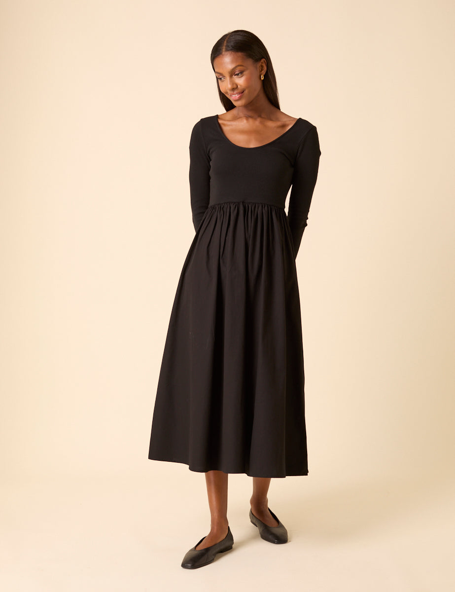 Black Scoop Neck A-Line Midi Dress