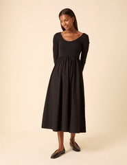 Black Scoop Neck A-Line Midi Dress