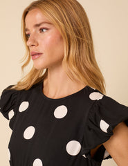 Black Polka Dot Frill Sleeve Clara Midi Dress