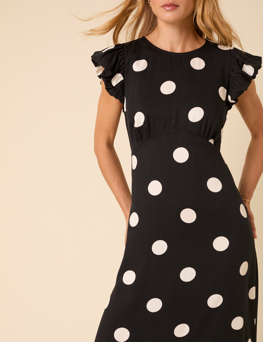 Black Polka Dot Frill Sleeve Clara Midi Dress