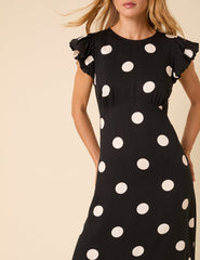 Black Polka Dot Frill Sleeve Clara Midi Dress